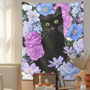 Garden Cat Tapestry Wall Hanging Botanical Flower Purple Blue pink Black Cat Divination Mattress Bedroom Decor Boho Home Decor