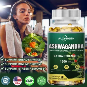 Alxfresh Pure Ashwagandha Powder & Root Extract Oil Capsules 1800mg with Black Pepper- Vegen Dietary Supplements 60/120 Count